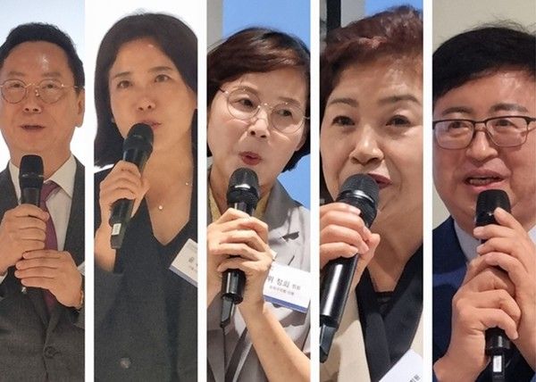 지난 6.3지방선거에서 당선된 송파포럼 회원(우로부터 김광철ㆍ윤유진 서울시의원, 위정희ㆍ박순옥ㆍ이강무 송파구의원)(국제뉴스=박종진 기자)
