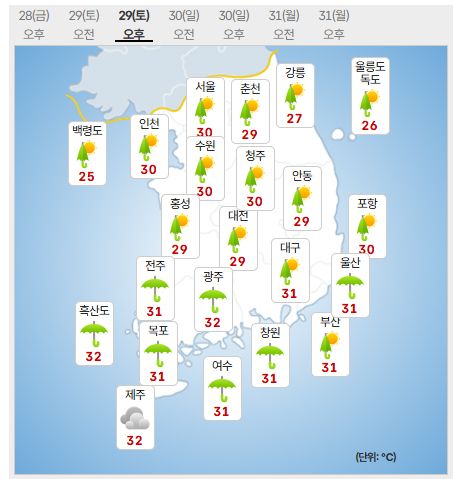 29일 토요일 날씨 (사진=기상청 제공)