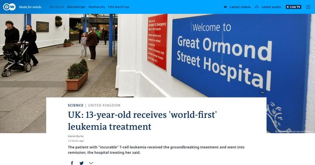 영국 런던의 한 병원에서 치료가 어려운 소아 백혈병 환자를 새로운 유전자 가위 치료법을 통해 관해상태에 이르게 해 의료계의 화제가 되고 있다는 소식을 전한 영국 'the Guardian'과 독일의 'DW'.&nbsp;