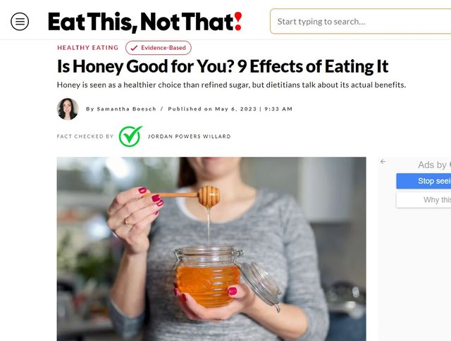 꿀의 건강상 이로운 점 6가지와 주의사항 등을 소개한 'Eat This, Not That'.