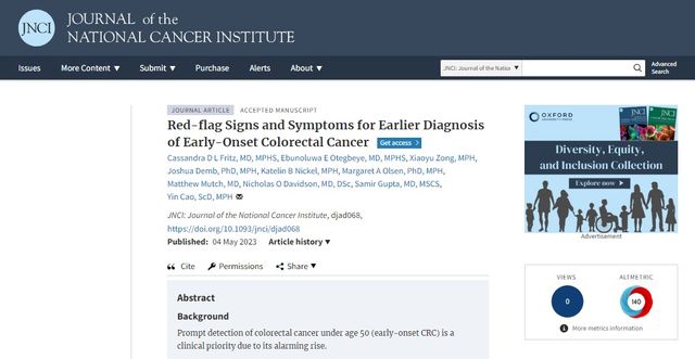 복통과 직장 출혈 등의 증세가 있으면 대장암에 걸릴 위험이 크게 높아진다는 연구결과가 실린 'Journal of the National Cancer Institute'.