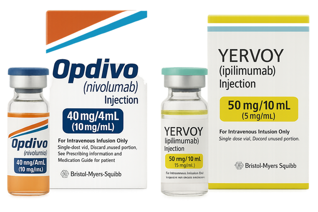 글로벌 제약사 BMS는 미국식품의약국(FDA)이 면역항암제인 옵디보(성분명 니볼루맙)와 여보이(성분명 이필리무맙)를 함께 쓰는 병용요법을 대장암 1차치료로 승인했다고 8일 발표했다.&nbsp;옵디보와 여보이는 둘 다 BMS가 개발한 면역항암제다. 옵디보는 암세포 표면의 PD-1 단백질을 억제해 면역체계의 활성을 유도하고, 면역체계가 암세포를 제거하도록 유도한다. 여보이는 면역관문 'CTLA-4(세포독성 T림프구 관련 항원-4)'를 표적으로 삼는다./BMS 제공