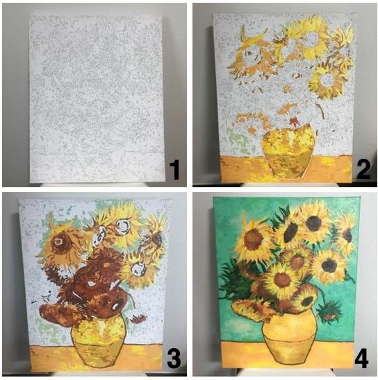 스케치가 그려진 캔버스에 번호를 맞춰 물감을 색칠하면 그림을 못 그려도 멋진 작품이 완성되는 페인팅을 했다. 고흐의 해바라기 밑그림(1번)에 구역별로 색칠을 해서 4번 그림을 완성했다.
