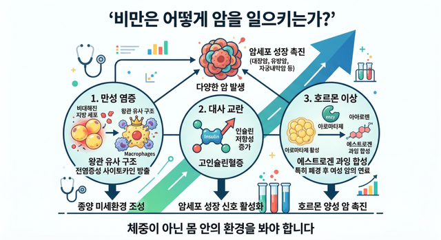 비만으로 인한 염증, 인슐린·IGF-1 과잉, 에스트로겐 상승은 서로 강화하며 맞물려 돌아가는 하나의 시스템이다./AI 이미지