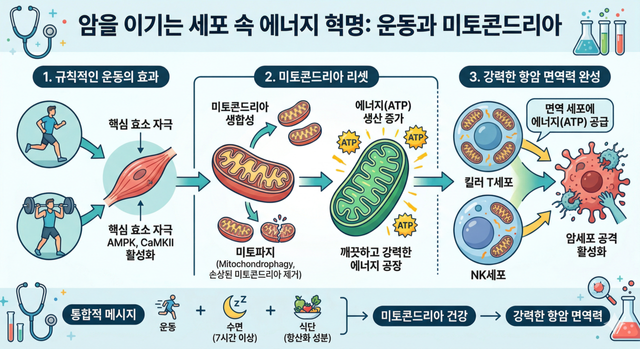 운동이 어떻게 세포에 작용해서 암과 싸우는 면역력을 높이는 지 보여주는 개념도./AI 이미지