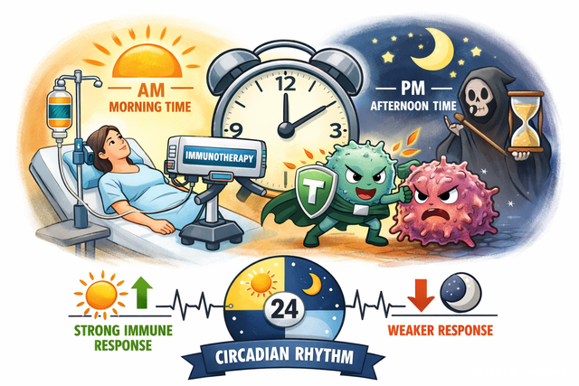 AI로 그린 인체면역시스템과 암치료 효과 개념도.&nbsp;미국 폐암 환자 단체 렁제비티(Lungevity)와 주요 의료 매체들은 최근 국제 연구진이 진행한 임상시험 결과를 인용해 면역항암제 투여 시간대가 환자의 생존율에 영향을 미친다고 최근 보도했다. 연구 결과는 국제 학술지 ‘네이처 메디신(Nature Medicine)’에 발표됐다.&nbsp;인체 면역 시스템은 하루 24시간 동안 일정한 리듬을 따라 움직인다. 특히 암세포를 직접 공격하는 CD8+ T세포는 오전 시간대에 더 활발하게 활성화되고 종양 조직으로 이동하는 경향이 있다. 연구에서도 오전 치료군에서 이러한 면역 세포의 활성도가 더 높은 것으로 관찰됐다.