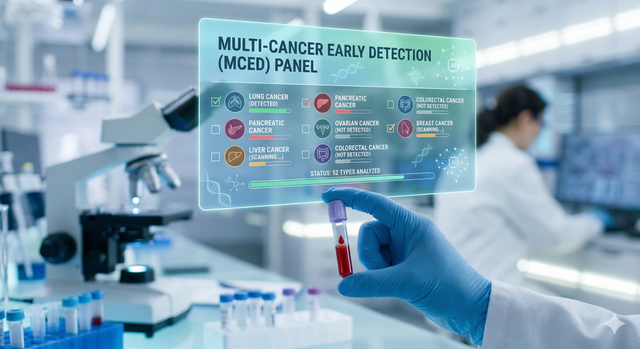 의료진이 채취한 혈액 샘플 위로 AI가 50종 이상의 암 존재 여부를 실시간으로 분석하는 가상의 인터페이스가 펼쳐져 있다/ AI 이미지