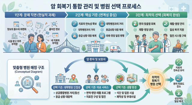 회복기 암환자들에게 도움이 될 수 있는 암요양병원을 잘 이용하는 프로세스 개념도. 힐링오아시스는 이런 개념을 반영한 암요양병원 찾기 플랫폼이다./AI이미지