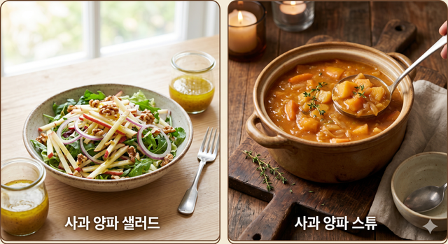 사과와 양파를 부담 없이 맛있게 먹을 수 있는 요리로 '사과 양파 샐러드 & 드레싱'과 ''사과 양파 스튜'가 있다./AI 이미지