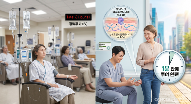 지난 5월 국내 허가를 받은 키트루다 피하주사(SC) 제형은 허벅지나 복부에 간단히 주사하는 방식으로, 3주 주기 환자는 단 1분, 6주 주기 환자는 약 2분 내외면 투여가 끝난다. 1년 단위로 환산하면 기존 정맥주사 대비 투약 시간이 무려 96%가량 줄어드는 셈이다./AI이미지