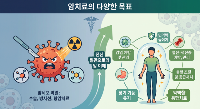 암 치료의 목표는 ‘암세포를 죽이는 것’이라고 생각하는 사람이 많다. 그런데 이 말은 절반만 맞다. 수술, 항암치료, 방사선 치료 등 암세포 제거, 증식 억제를 목표로 하는 3대 암 표준치료 뿐만 아니라 암으로 인해 생기는 여러 합병증, 암 치료의 부작용 관리도 암 치료의 개념에 포함시켜야 한다는 게 현대 종양학의 일반적 관점이다./AI 이미지