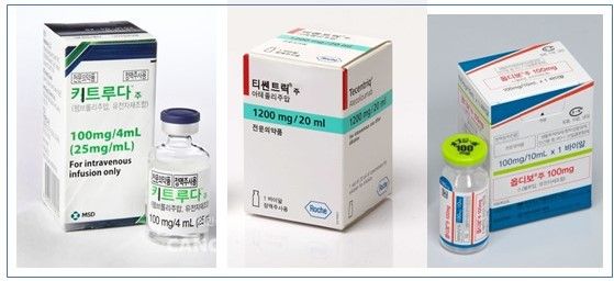 면역관문억제 기능을 하는 면역항암제의 종류는 많다. 왼쪽부터 키트루다, 티쎈트릭, 옵디보.