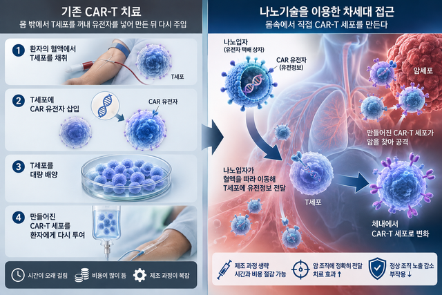 기존 CAR-T 치료는 환자의 T세포를 체외에서 유전적으로 변형·증식한 뒤 다시 투여하는 복잡한 과정을 거친다. 나노입자를 이용하면 CAR 유전정보를 체내 T세포에 직접 전달해 환자의 몸속에서 CAR-T 세포를 만드는 치료 전략이 가능할 것으로 기대된다./AI이미지