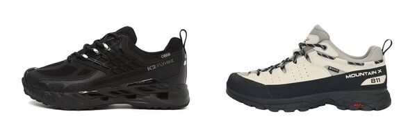 고어텍스 서라운드 기술이 적용된 (좌) K2 '플라이하이크 크로스', 고어텍스 소재가 적용된 (우) 코오롱스포츠 '트레킹슈즈 #811'