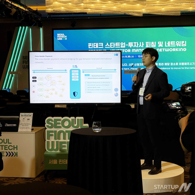 허성현 모인 CBDO가 ‘서울 핀테크 위크 2025’ 현장에서 MOIN Payment Network(MPN)와 글로벌 결제 인프라 전략을 소개하고 있다.