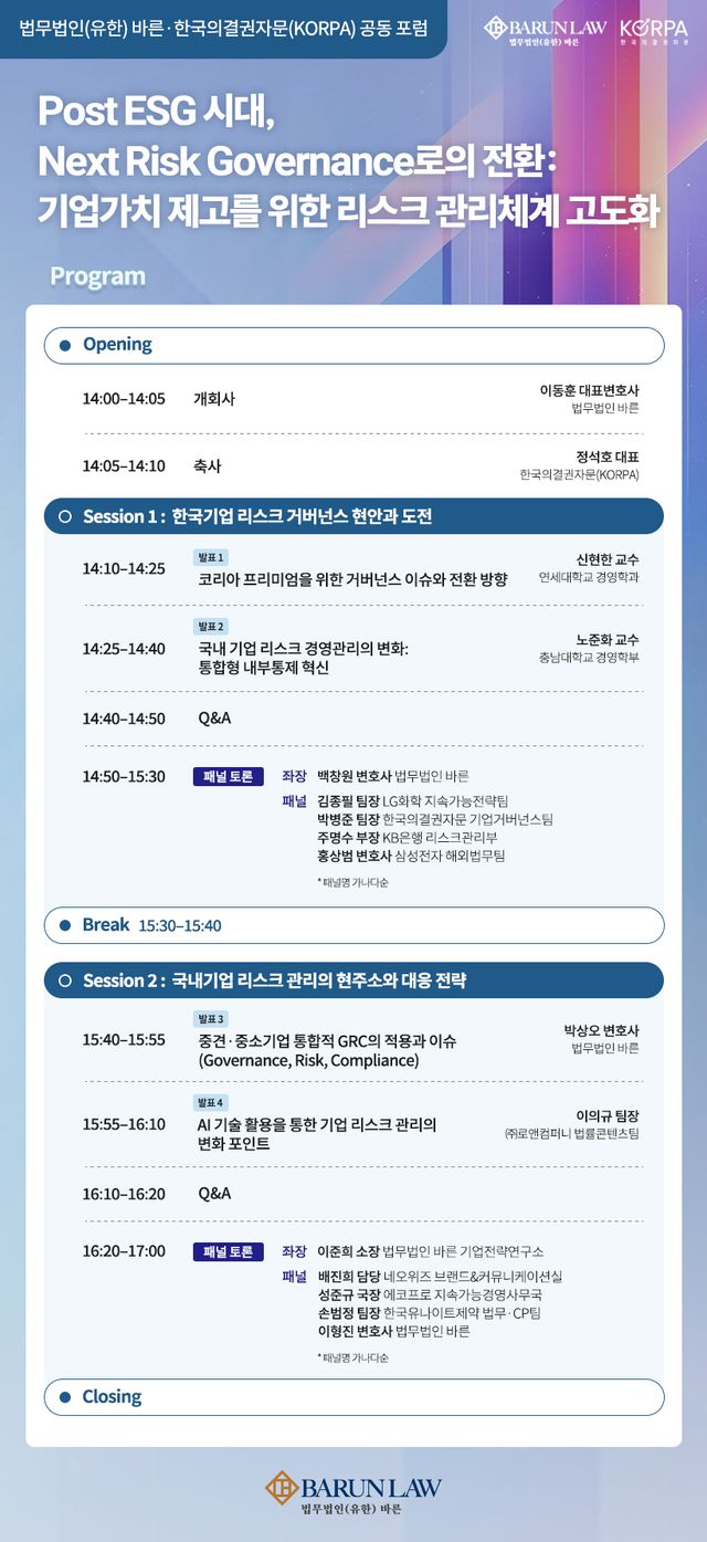 바른·KORPA, 'Post ESG' 통합 리스크 관리 포럼 연다... '코리아 디스카운트' 해소 해법 모색 주목