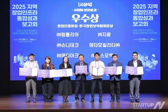 2025년 창업 인큐베이팅 경진대회 시상식에서 우수상을 수상한 기업들이 기념 촬영을 하고 있다