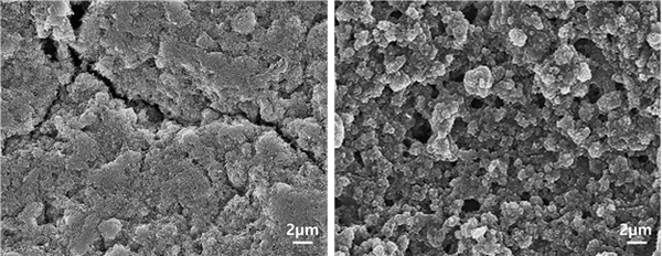 RP vs 상용 바인더 배터리 안정성 비교 - 상용 바인더(왼쪽)와 CRP(오른쪽)를 적용한 리튬-황 전지의 충ㆍ방전 후 전자현미경 모습. 상용 바인더에서는 갈라짐 현상이 나타나지만, CRP 활용 배터리에서는 특별한 변화가 나타나지 않고 안정적인 구조를 유지했다.