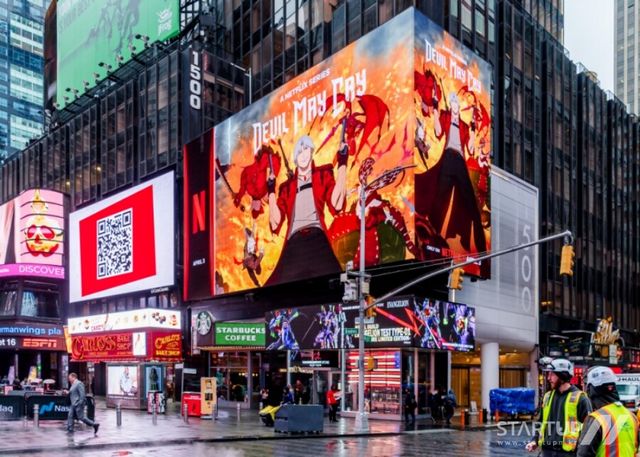 미국 뉴욕 타임스퀘어 빌보드에 공개된 애니메이션 '데빌메이크라이' 키아트. (사진=스튜디오미르)
