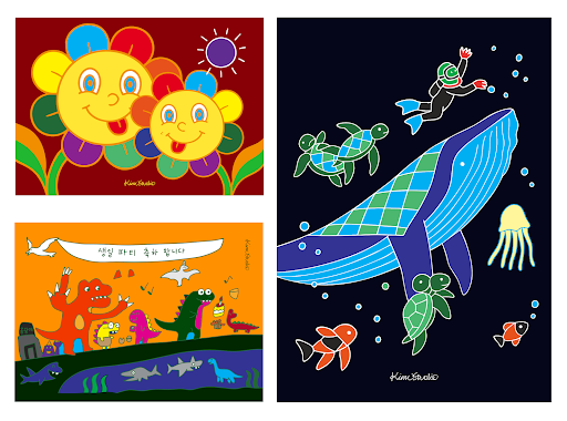 오른쪽 위에서 시계방향으로, 송태양(헬로우, 데얼!)_ 서문지윤(웨얼 이즈 웨일)_최재용(다이노파티) 예비 디자이너의 작품