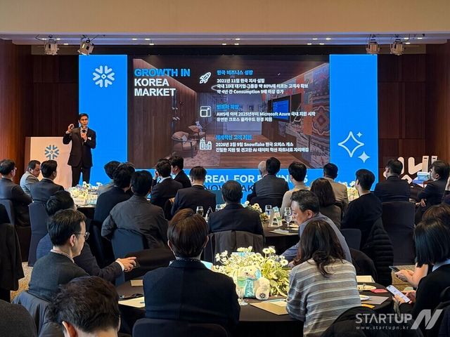 지난 3월 19일 열린 '이그제큐티브 라운드테이블 서울'에서 최기영 스노우플레이크 코리아 지사장이 발표를 진행하고 있다