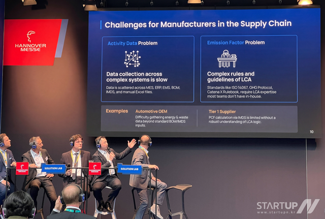 윤태진 글래스돔 유럽법인장(사진 왼쪽에서 네 번째)이 지난 20일(현지시간) 세계 최대 산업 박람회 ‘하노버 메쎄 2026’에서 익스퍼트 스테이지의 패널로 참여해, 유럽과 아시아를 잇는 산업 데이터 생태계 확장 전략을 발표하고 는 모습.(사진 제공=글래스돔)