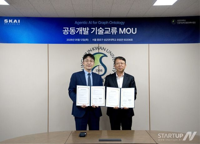 (왼쪽부터) 스카이월드와이드(SKAI) 신재혁 대표와 성균관대학교 김재현 인공지능혁신융합대학사업단장이 MOU 체결 후 기념사진을 촬영하고 있다. (사진 제공=스카이월드와이드)