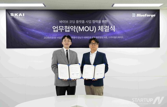 (왼쪽부터) 스카이월드와이드(SKAI) 신재혁 대표와 블루포지(BlueForge) 서상재 대표가 업무협약(MOU) 체결 후 기념사진을 촬영하고 있다.(사진 제공=스카이월드와이드)