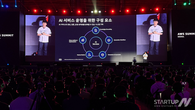 AWS 서밋 서울 2026에서 ‘생성형 AI의 신뢰성 확보 전략 : 매경AX의 환각 통제 사례’ 주제로 발표 중인 스마일샤크 최병주 솔루션즈 아키텍트(제공=스마일샤크)