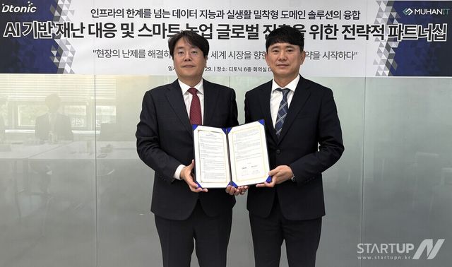 디토닉 전용주 대표(왼쪽)와 무한정보기술 배경록 대표가 MOU 체결 후 기념촬영을 하고 있는 모습. (이미지=디토닉 제공)