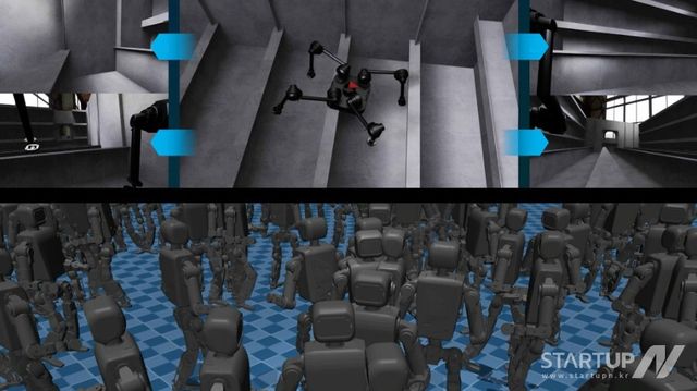 (위) NVIDIA Isaac Sim 가상 환경에서 카메라로 주변 3D 구조를 인식하며 시각 데이터를 취득하는 디든 스파이더. (아래) 수천 개 환경을 동시에 구동해 보행 정책을 대규모 병렬 학습 중인 디든 휴머노이드. (이미지 제공=디든로보틱스)