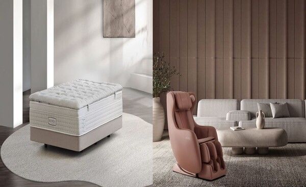 ©데일리포스트=사진 좌측부터 비렉스(BEREX) 시그니처 매트리스 컴포트 인테리어컷·코웨이 비렉스 안마의자 ‘마인 플러스’_ 로즈 브라운 / 코웨이 제공
