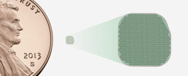 직경 19.05mm의 1센트 동전과 비교한 PRIMA BCI 칩. 지름 2mm의 미세한 패널 속에 378개의 전극이 배열돼 있다. ⓒ데일리포스트=이미지 제공/Science Corporation