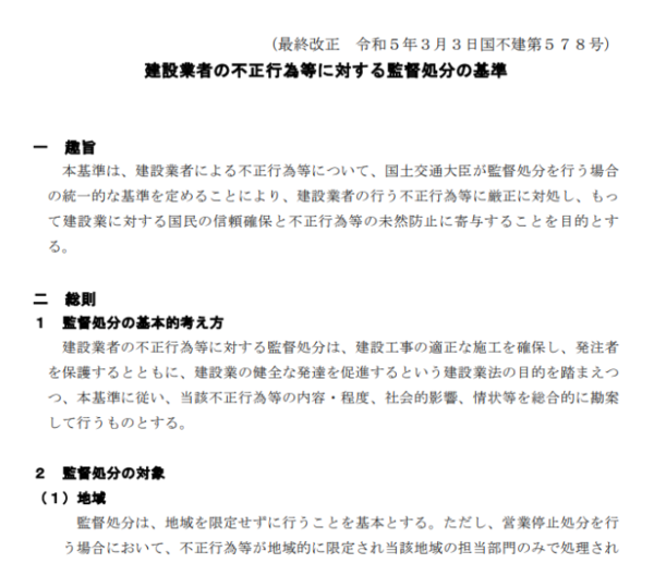 일본 ‘건설업자 불정행위에 대한 감독처분 기준’ 문서. 안전규정 위반 시 영업정지·등록취소·입찰참가 정지 등 강력한 행정처분이 가능하다. ⓒ데일리포스트=이미지 제공/국토교통성&nbsp;