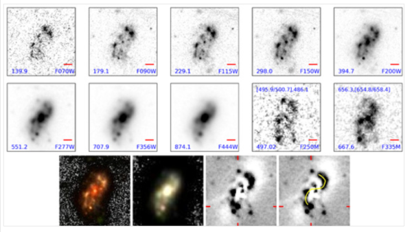 JWST가 다양한 파장에서 촬영한 알라크난다의 관측 이미지. 파장별로 드러나는 밝기·구조 정보를 통해 은하의 나선팔 형태와 별 형성 분포가 분석됐다. ⓒ데일리포스트=이미지 제공/NASA