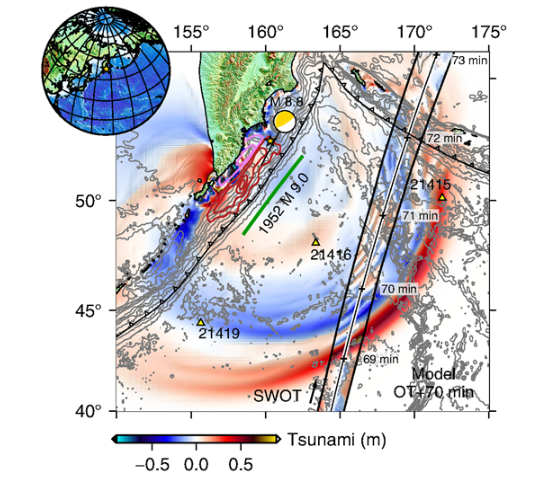 SWOT 위성 관측과 수치 모델 시뮬레이션을 비교한 캄차카반도 인근 쓰나미 파동 지도 ⓒ데일리포스트=이미지 제공/The Seismic Record