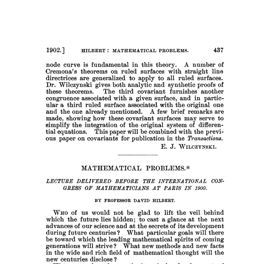 1900년 파리에서 열린 제2회 국제수학자대회에서 다비트 힐베르트가 발표한 '수학적 문제들' 원문 ⓒ데일리포스트=이미지 제공/Hilbert, Mathematical Problems, 1902
