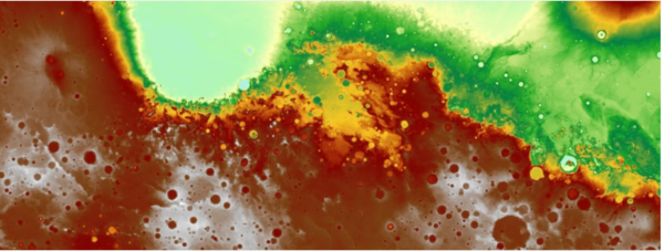 NASA의 Mars Global Surveyor 탐사선이 촬영한 화성 적도 인근 지형의 고도 지도.녹색과 황색은 상대적으로 낮은 지형, 붉은색과 갈색은 고지대를 의미하며, 고대 화성에서 물이 흐르며 지형을 형성했을 가능성을 보여준다.&nbsp;ⓒ데일리포스트=이미지 제공/NASA