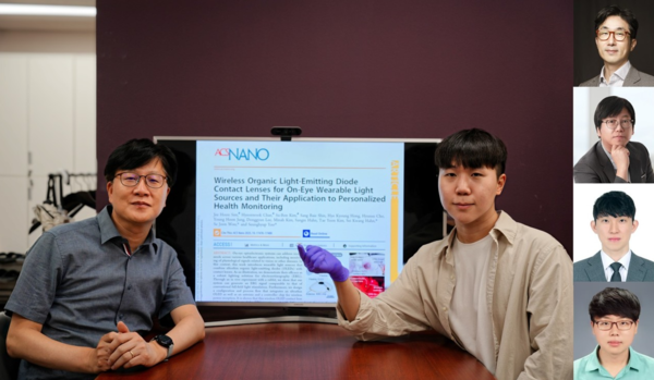 OLED 컨택트렌즈 논문 배경으로 찍은 주요저자. (왼쪽)유승협 교수, 심지훈 박사 (증명사진 위에서부터) 우세준 교수, 한세광 교수, 김수본 박사, 채현욱 박사.&nbsp;ⓒ데일리포스트=이미지 제공/KAIST