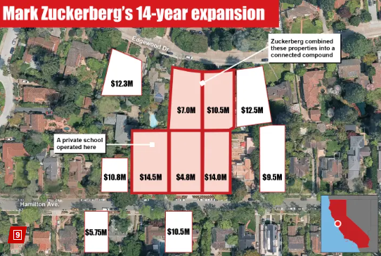 마크 저커버그가 매입한 크레센트 파크 주택 배치도. 붉은색 표시 구역은 주거 단지로 통합됐다.&nbsp;ⓒ데일리포스트=이미지 제공/NYP 유튜브 캡처