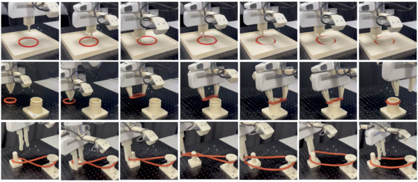 KAIST 박대형 전산학과 교수팀이 개발한 로봇 팔의 모습. 고무링을 홈에 정확히 끼우거나, 꼬인 고무줄도 풀어낼 수 있다. AI학습을 통해 고무줄이나 옷처럼 움직이면 모양이 변하는 물체의 생김새도 로봇이 파악할 수 있게된 것이다.&nbsp;&nbsp;ⓒ데일리포스트=이미지 제공/KAIST