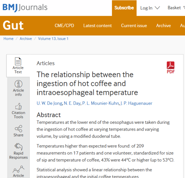 뜨거운 커피 섭취 시 식도 내부 온도가 최대 53도까지 상승하는 것으로 나타났다.&nbsp;&nbsp;ⓒ데일리포스트=이미지 제공/BMJ Journals/Gut