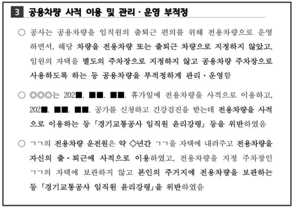 공용차량 사적 이용 및 관리 운영 부적정 내용 발췌