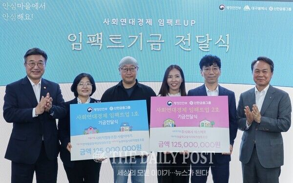 ©데일리포스트=(사진 맨 좌측)윤호중 행정안전부 장관, (사진 맨 우측)진옥동 신한금융그룹 회장과 프로젝트 공모에 선정된 관계자들이 기념촬영