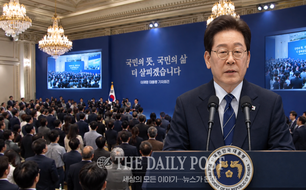 ©데일리포스트=이재명 대통령이 18일 취임 후 일곱 번째 기자회견을 진행하고 있다. / 유튜브 캡처 재구성