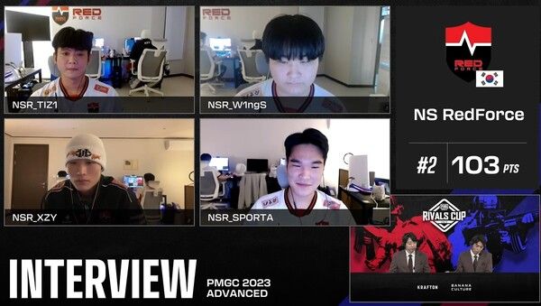 ©AP신문(AP뉴스)/ 이미지 제공 = 크래프톤 ▲농심 레드포스 선수들이 21일 배틀그라운드 모바일 한일전 ‘라이벌스컵 2023' 경기 후 일본 중계진과 인터뷰를 진행하고 있다.