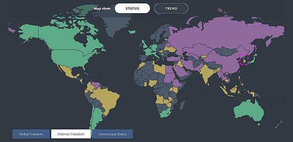 AP신문 미디어동향 10월 4주 ⓒAP신문(AP뉴스) / 세계 인터넷 자유&nbsp; 표시 지도