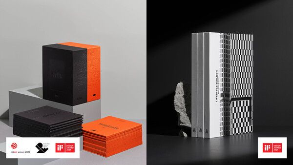 ©AP신문(AP뉴스)/ 이미지 제공 = DL이앤씨 ▲세계 3대 디자인 어워드 ‘브랜드 가이드라인 & 디자인 전략’ 부문에서 그랜드 슬램을 달성한 ‘OUR CREED’(왼쪽)와 건설 업계 최초로 ‘iF 디자인 어워드’에서 건설 기록물로 ‘도서’ 부문 본상을 수상한 ‘Lifestyle Builder’.