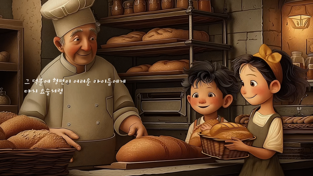 [AP신문 광고평론 No.1408]&nbsp; ​​​​​​​형편이 어려운 아이들에게 빵을 나누는 빵집 주인. 사진 KB국민카드 유튜브 캡처ⓒAP신문(AP뉴스)