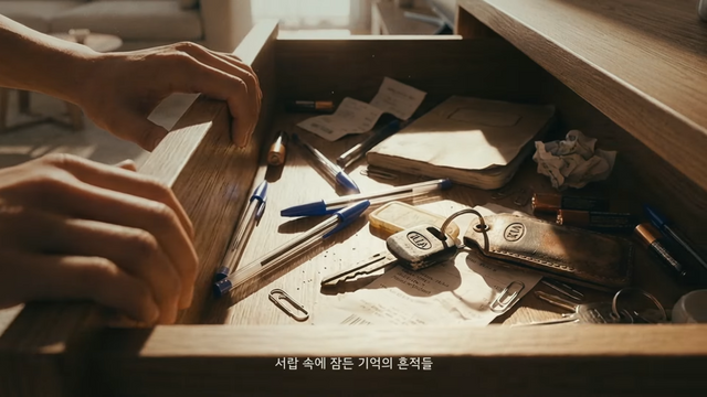 [AP신문 광고평론 No.1451]&nbsp; ​​​​​​​서랍 속 오래된 기아 자동차 키가 보인다. 사진 기아 유튜브 캡처ⓒAP신문(AP뉴스)